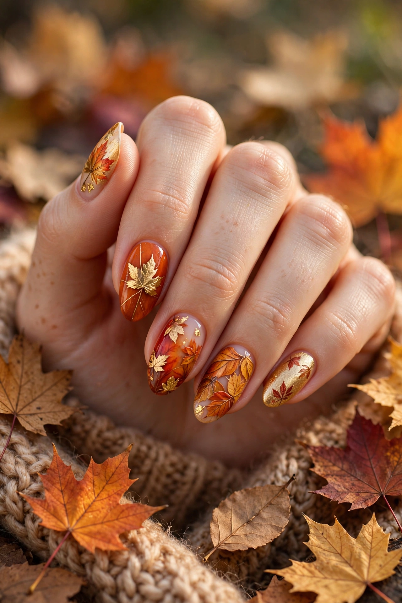 Autumn leaves nail designs 2026 with fall foliage nail art in orange and gold