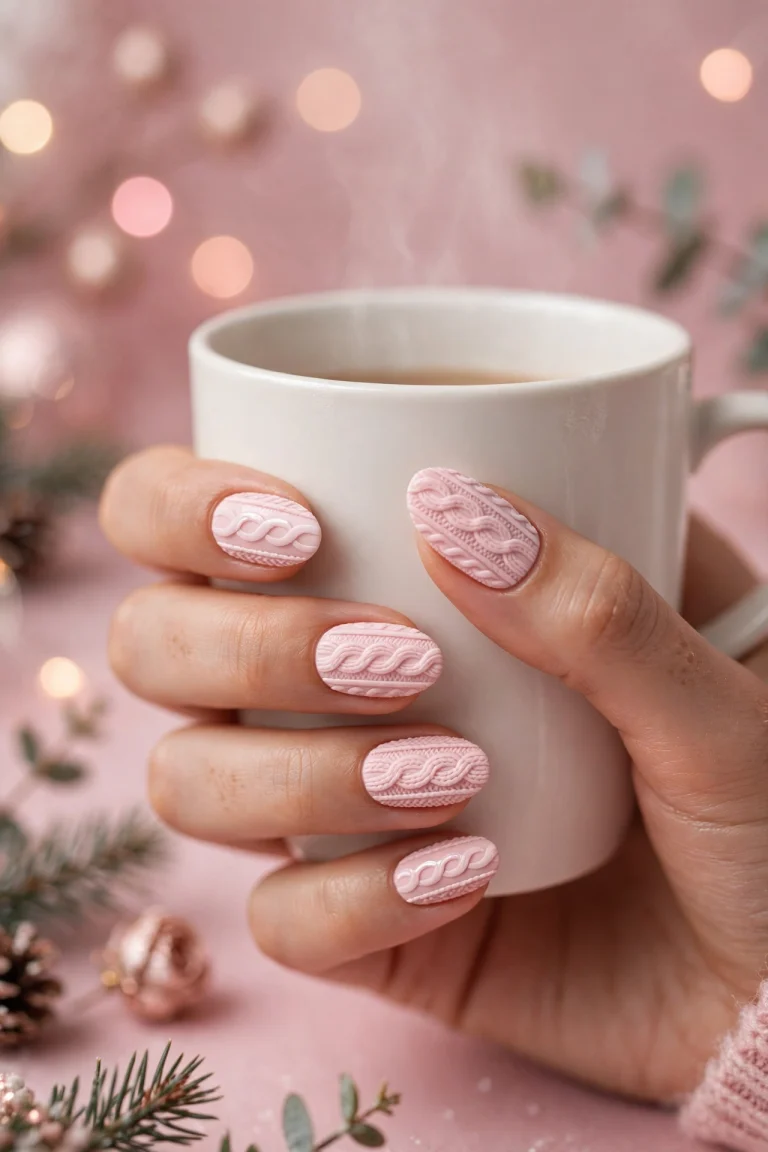 pink christmas nails 2026 — pink sweater knit